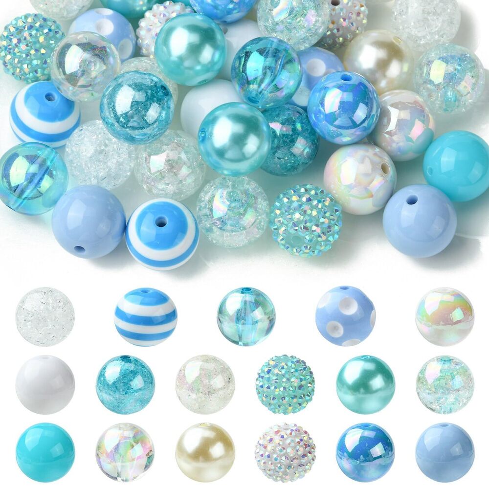 2468 50pcs 20mm Blue Theme Acrylic Round Beads ABS Plastic Imitation Pearl